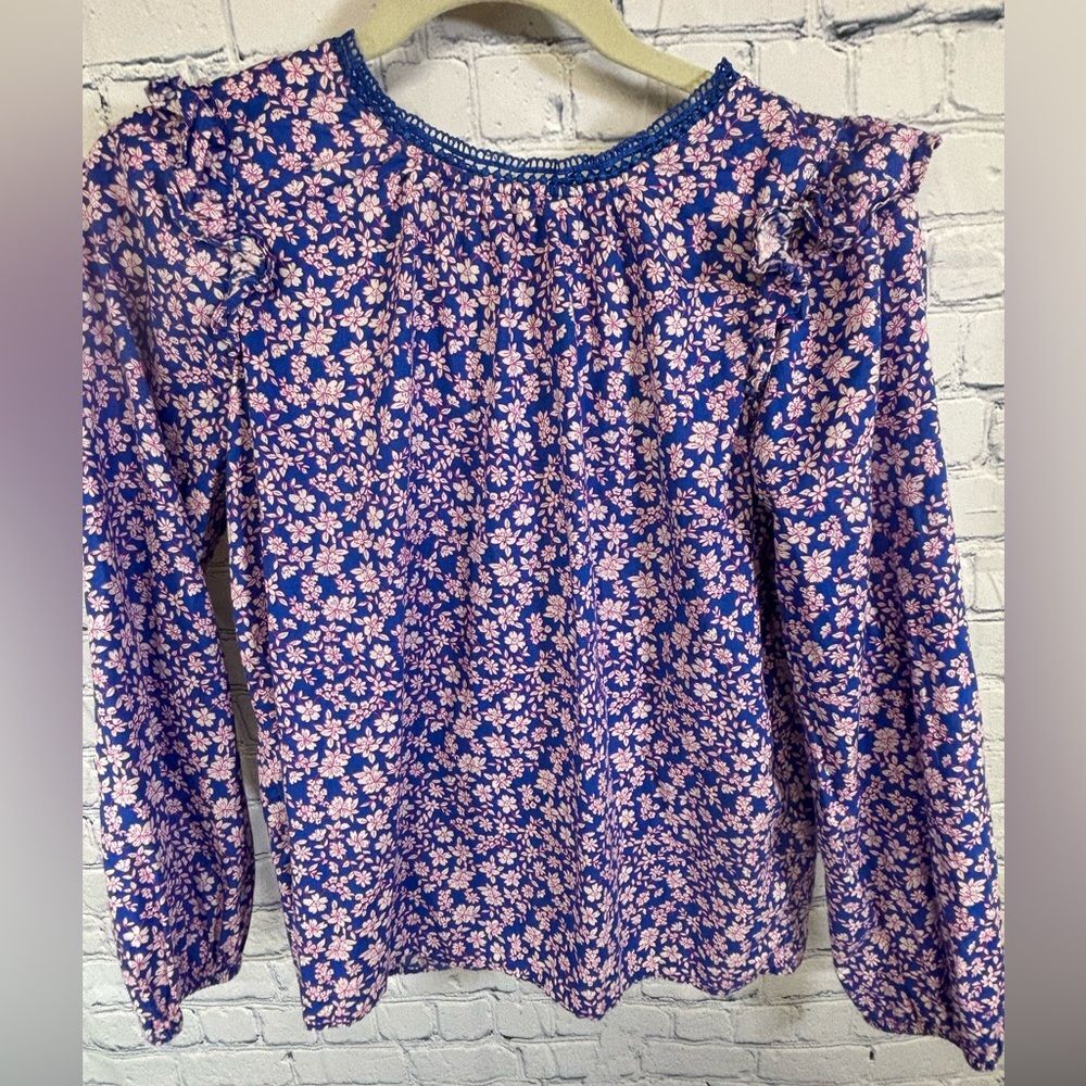 J Crew Cobalt Blue Pink Ditzy Cottagecore Romantic Sweet Long Sleeve Blouse XS